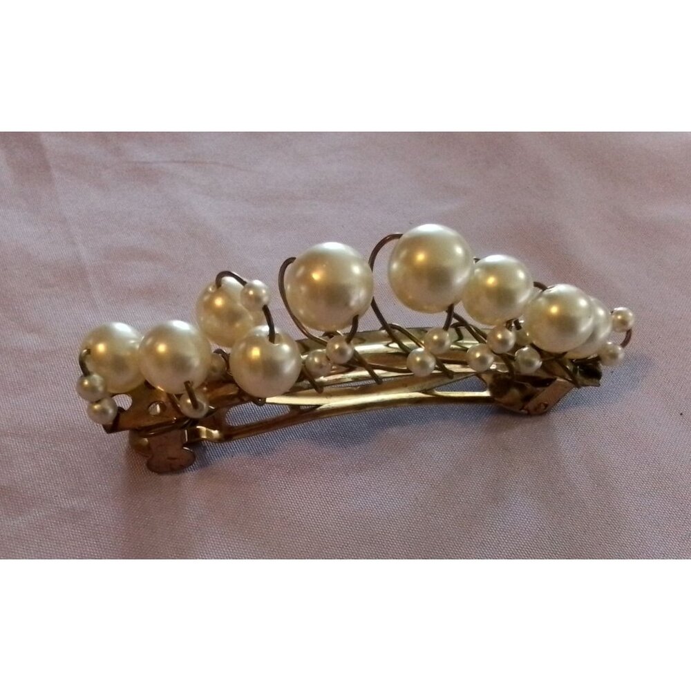 Vintage Faux Pearl & Gold Tone Hair Barrette Clip